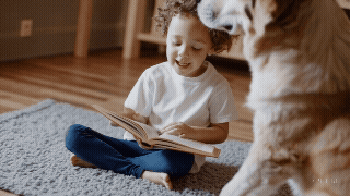 Small Boy Reading to the Library Dog