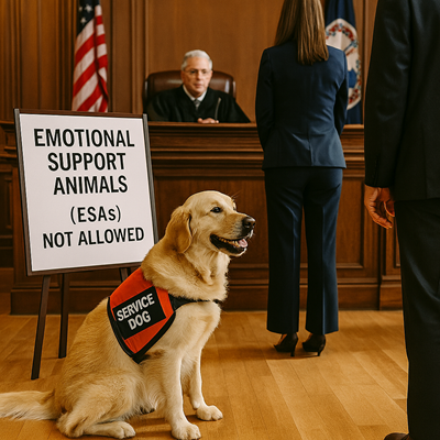 Service Dog in Courtroom with No ESA Dogs Allowed Sign