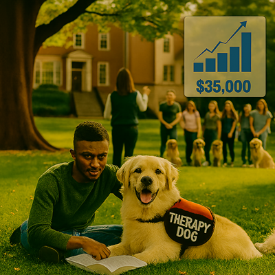 College Student with Therapy Dog on Campus