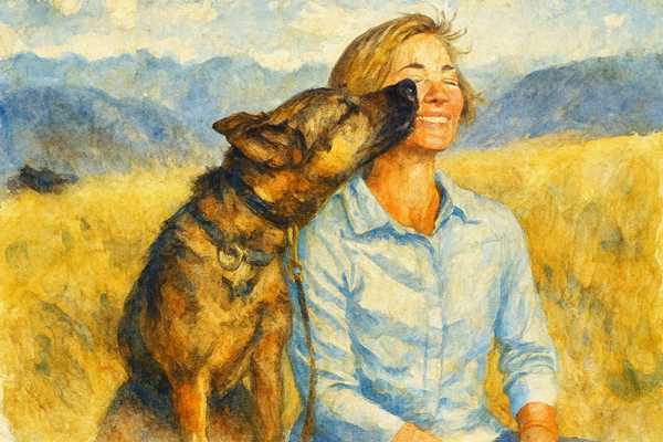 Woman smiling as a dog nuzzles her &mdash; inspirational canine story
