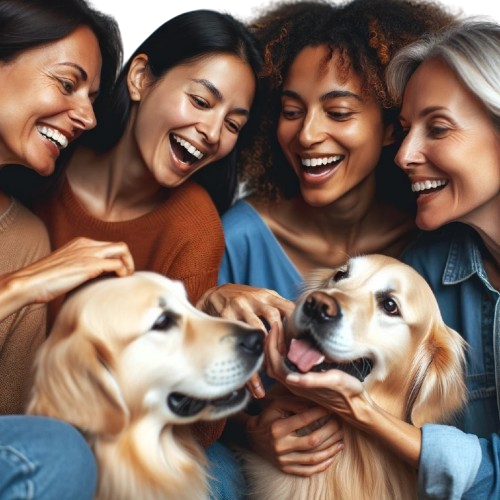 Four Smiling Women with Two Golden Retrievers