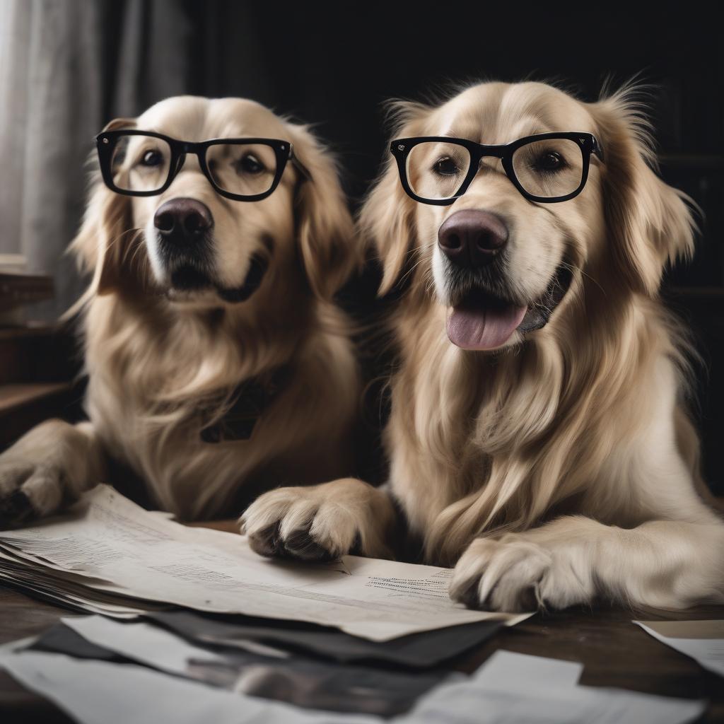 Two Golden Retrievers wearing Reading Glasses