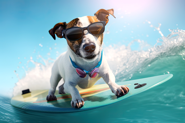 Dog wearing sunglasses riding on a surfboard