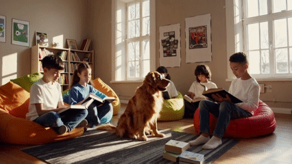 Students Reading to a Golden Retriever