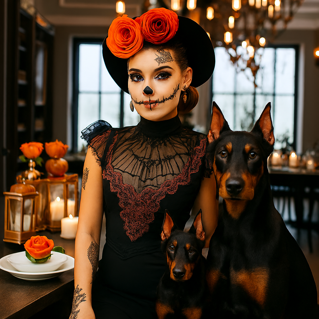 Halloween Bride with two Dobermans