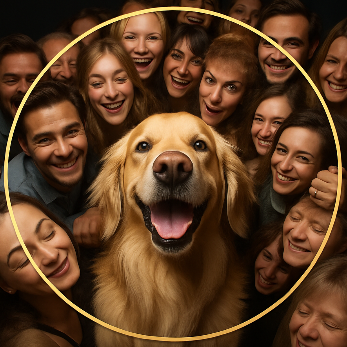 Golden Retriever Surrounded by Human Faces